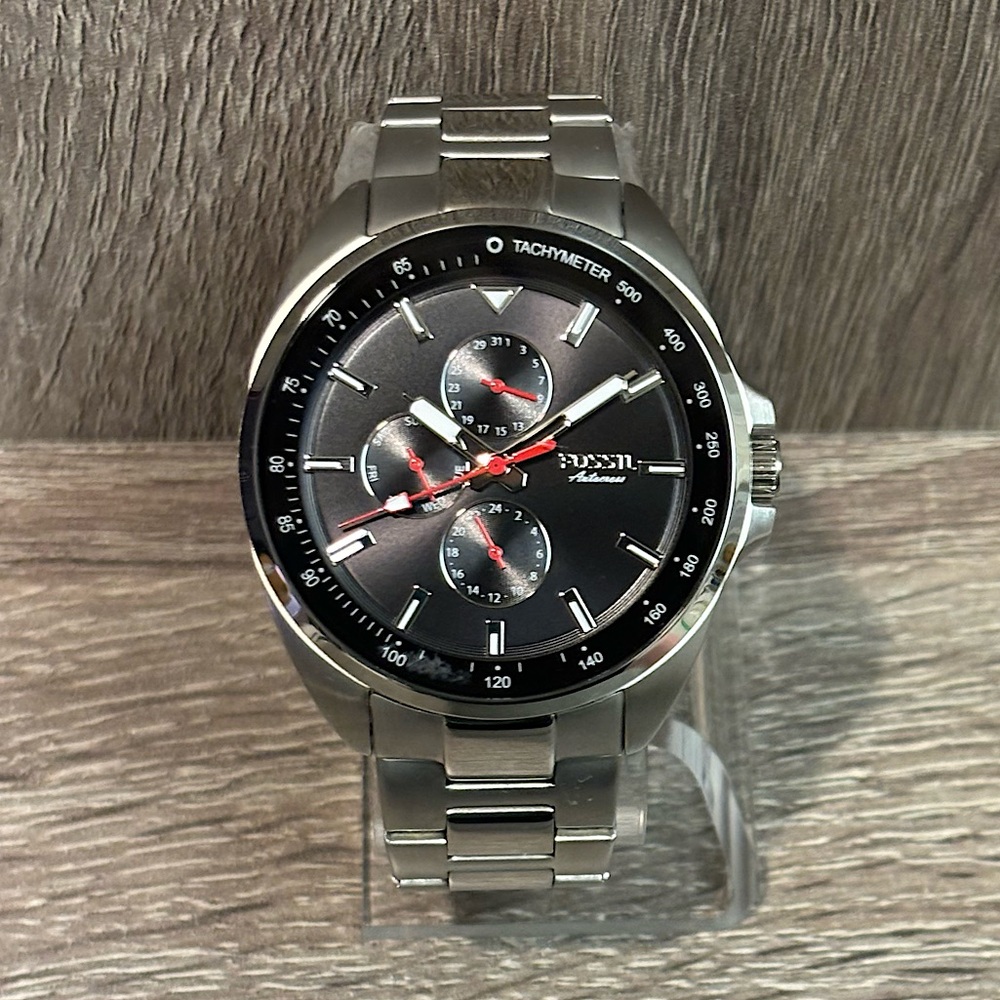 Black Fossil Autocross Men’s Stainless Steel Silver Watch With New Battery - Picture 3 of 6
